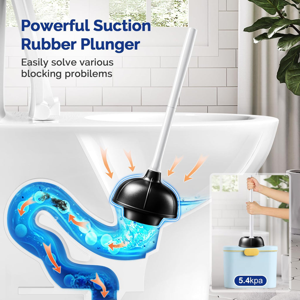 Toilet Plunger Bowl Brush Combo：Curved Bristles Design | Deep Cleaning Under Rim, Heavy Duty Rubber for Unclog