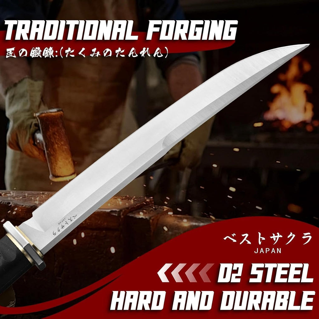 Japanese Fixed Blade Knife with Sheath, Heavy Duty Machete Knife | D2 Steel Survival Knife with 6mm Thick Spine for
