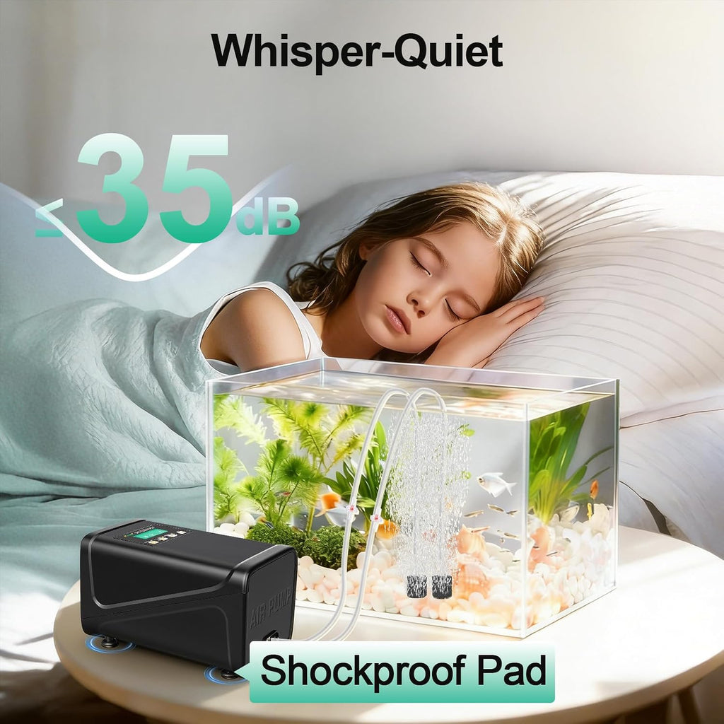 Battery Backup Aquarium Air Pump, Rechargeable Dual-Outlet Fish Tank Oxygen Pump, Quiet Portable Aerator for Outdoor