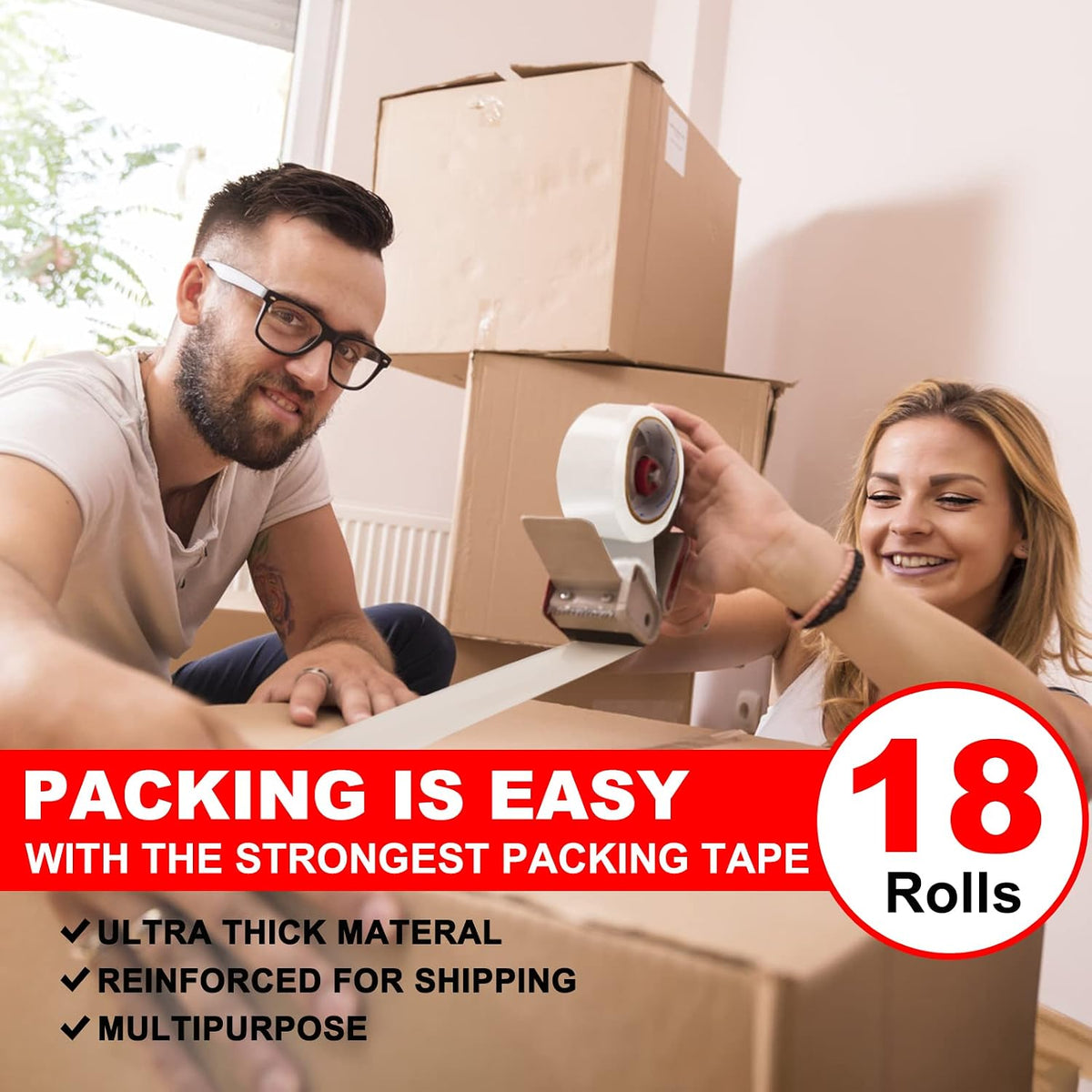 Packing Tape (18 Rolls),2.7mil, Heavy Duty Packaging Tape for Shipping Moving Sealing, 1.88 Inch x 60 yd Per Roll
