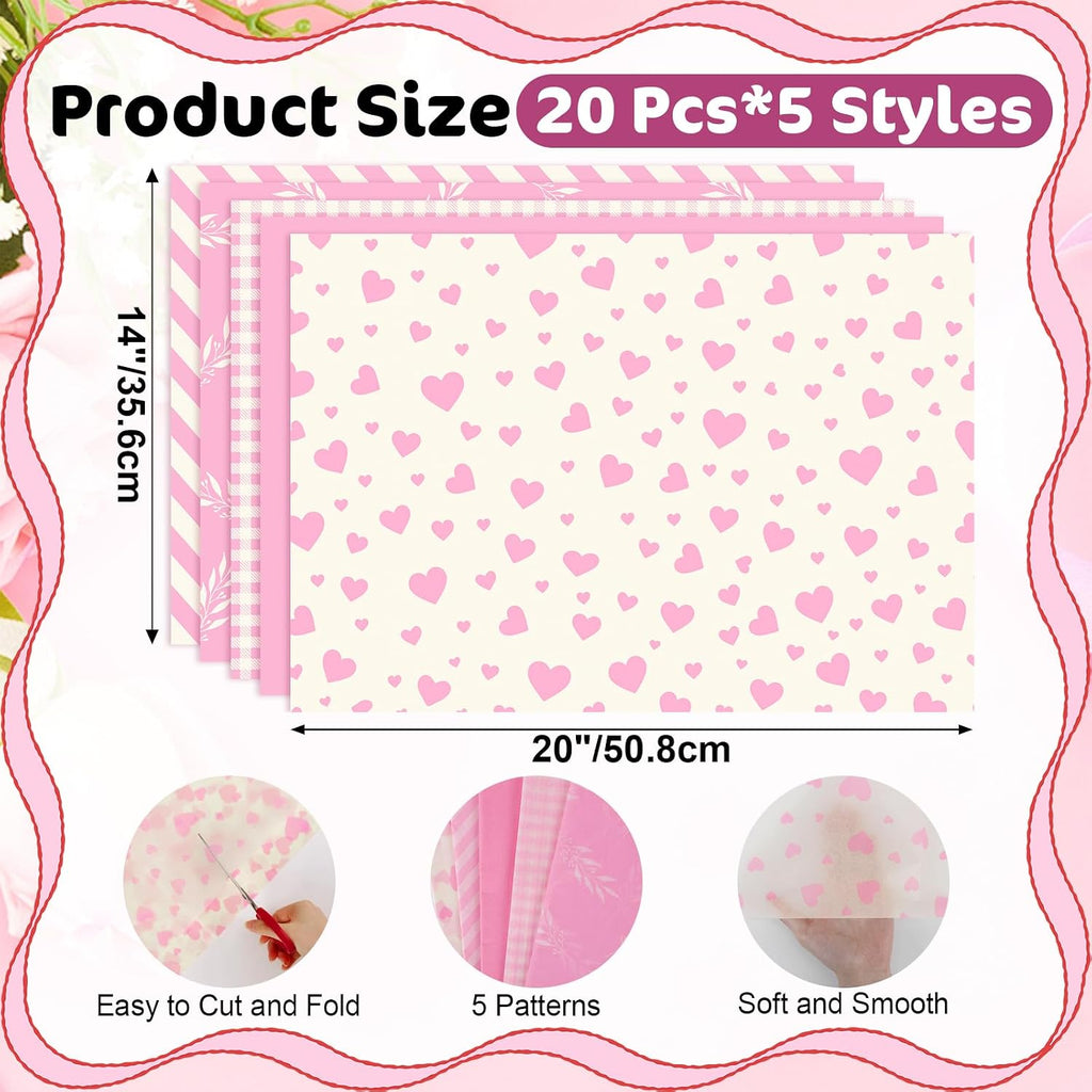 100 Pcs Pink Tissue Paper,5 Designs 14"X20" Tissue Paper Bulk