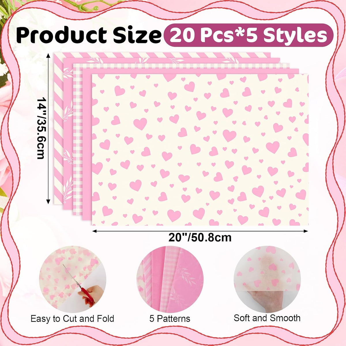 100 Pcs Pink Tissue Paper,5 Designs 14"X20" Tissue Paper Bulk