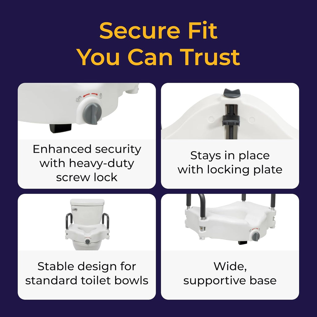 2-in-1 Raised Toilet Seat with Removable Padded Arms - Elevated Bathroom Safety Support - Secure Locking Attachment
