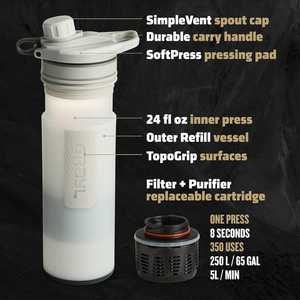 GeoPress 24 oz Water Purifier Bottle - Filter for Hiking, Camping, Survival, Travel (Peak White) | Purifies & Filters