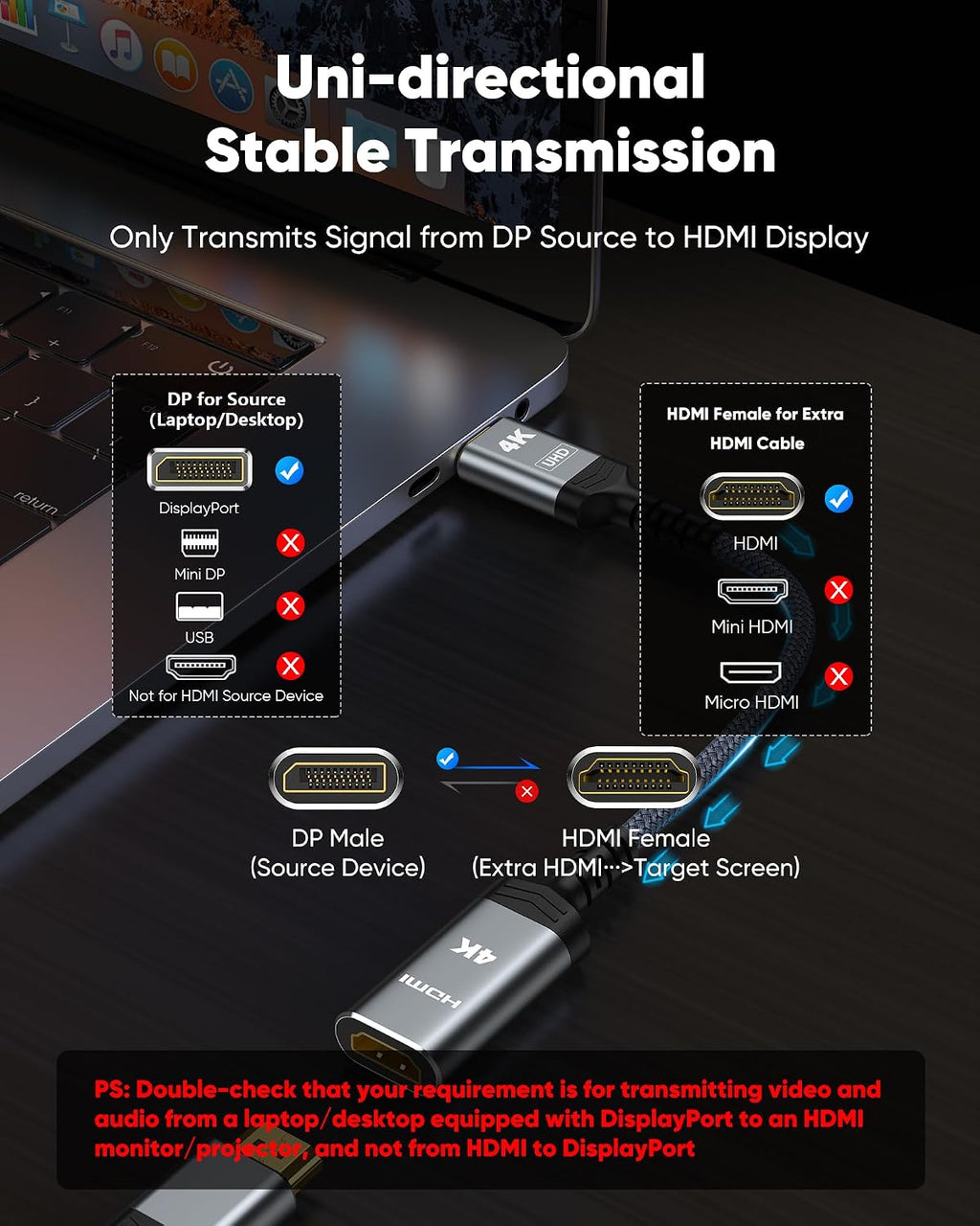 4K DisplayPort to HDMI Adapter, Unidirectional DP 1.2 to HDMI 1.4 | Uni-Directional DP 1.2 Computer to HDMI 2.0