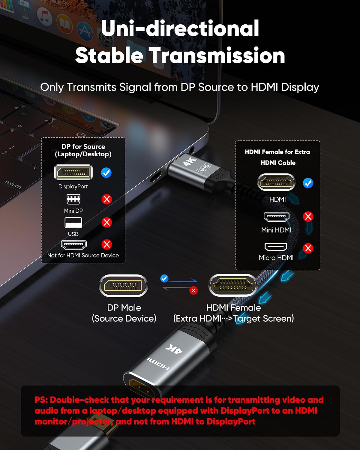 4K DisplayPort to HDMI Adapter, Unidirectional DP 1.2 to HDMI 1.4 | Uni-Directional DP 1.2 Computer to HDMI 2.0