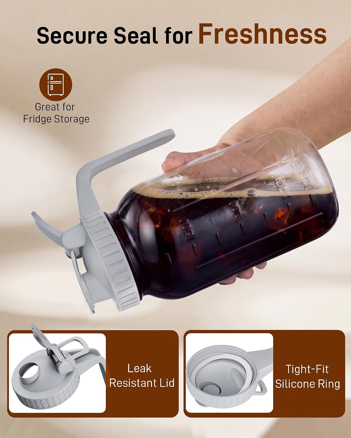 64 oz Cold Brew Coffee Maker, Mason Jar Pitcher with Stainless Steel Filter | Airtight, Leak Proof, 100 Micron Weave