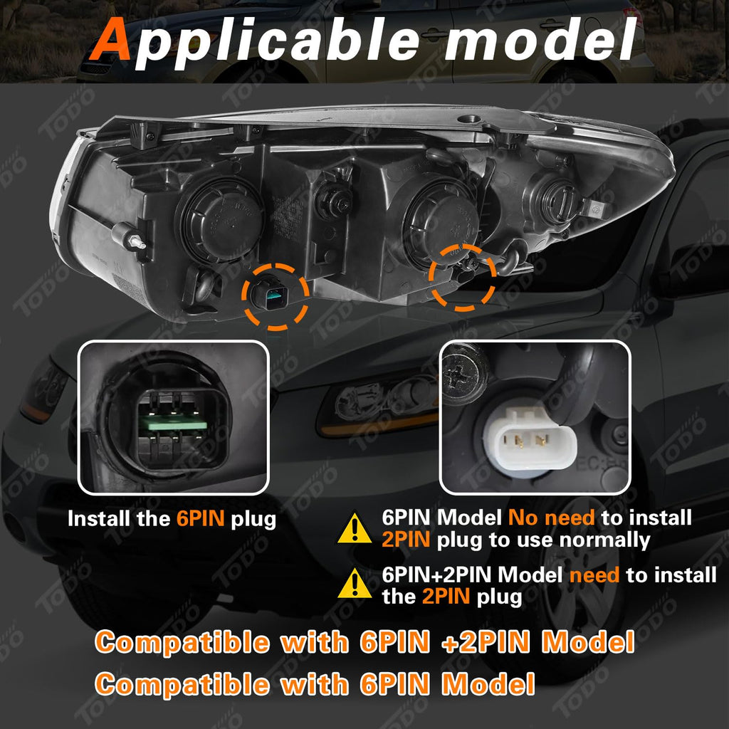Headlights Assembly Pair For 2007 2008 2009 2010 2011 2012 Hyundai Santa Fe 6 Pin Headlamp Replacement with Bulbs