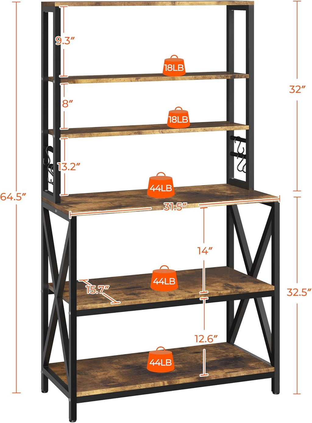 6-Tier Bakers Rack,31.5“Coffee Bar,Microwave Stand,Rustic Brown