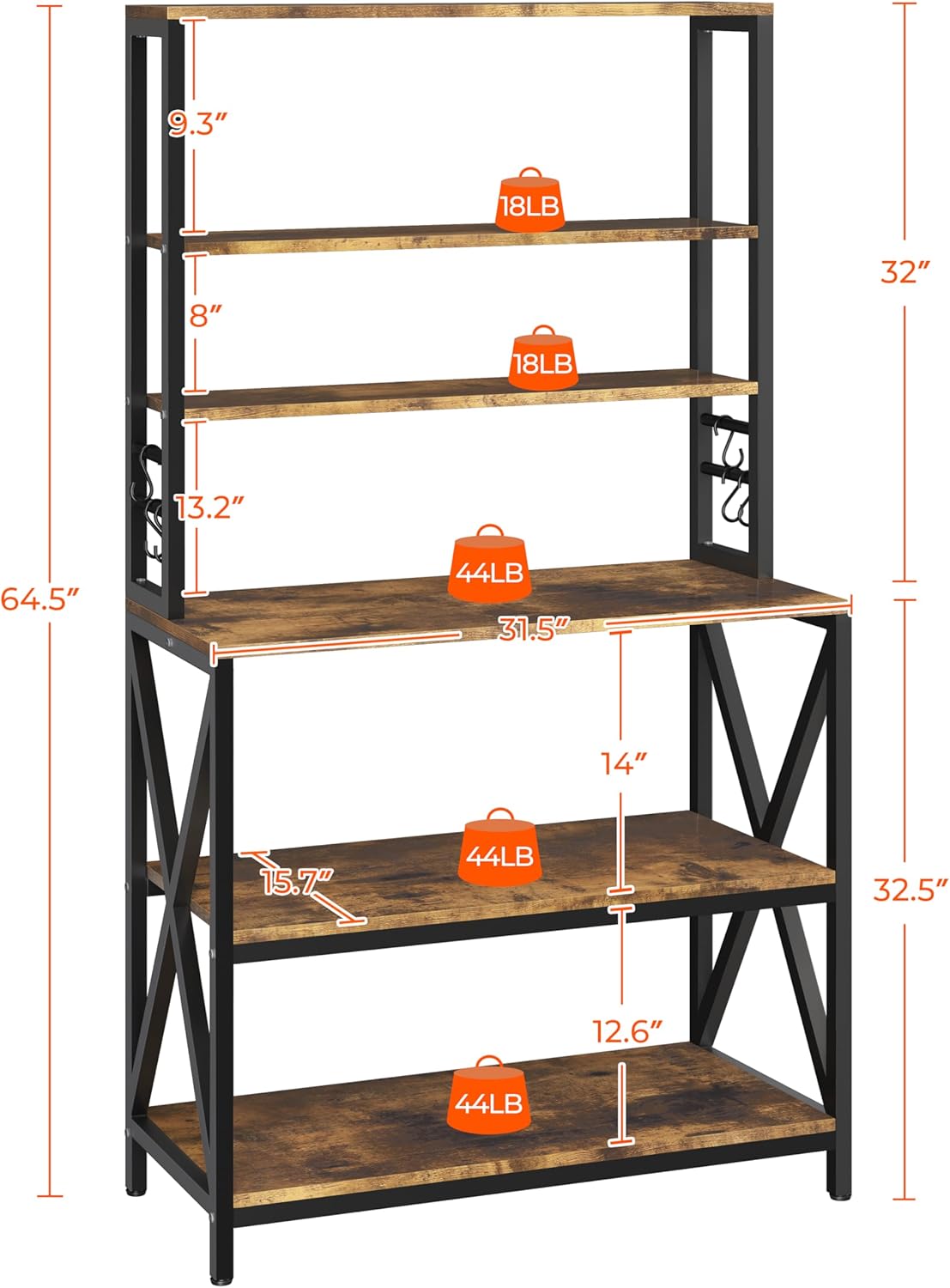 6-Tier Bakers Rack,31.5“Coffee Bar,Microwave Stand,Rustic Brown