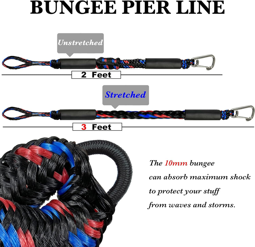 Fender Lines Anchor Bungee 316 Stainless Clip Boat Dock Lines 2PCS (Black Blue Red, 2 Feet)