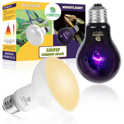 Reptile Heat Lamp 100W Combo Pack, Day and Night Basking Spot Bulb for Amphibian Includes Black Heat Lamp UVA