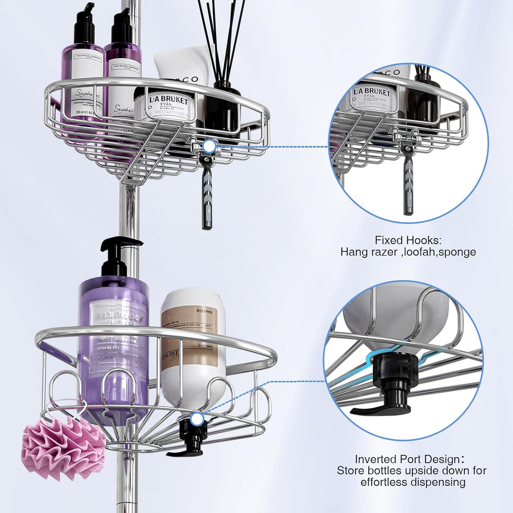 Corner Shower Caddy Tension Pole: Stainless Steel Rustproof 4-Tier Shower Organizer - 47-121 inch Adjustable Bathroom