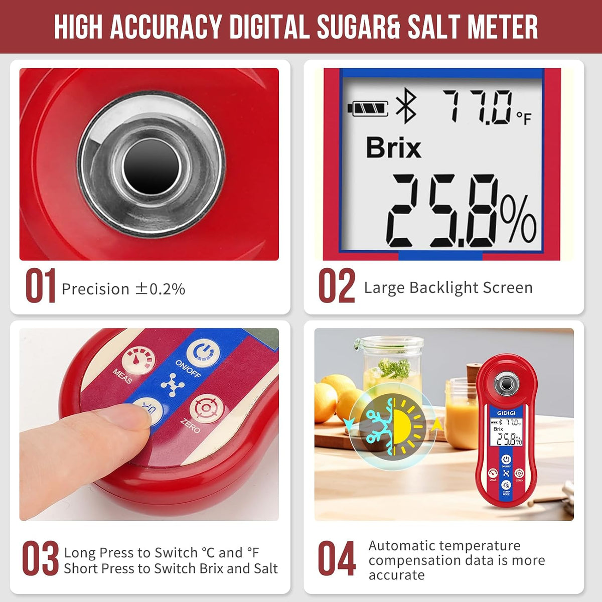 Digital Brix & Salinity Refractometer, Smart Sugar Test 0.0-60%
