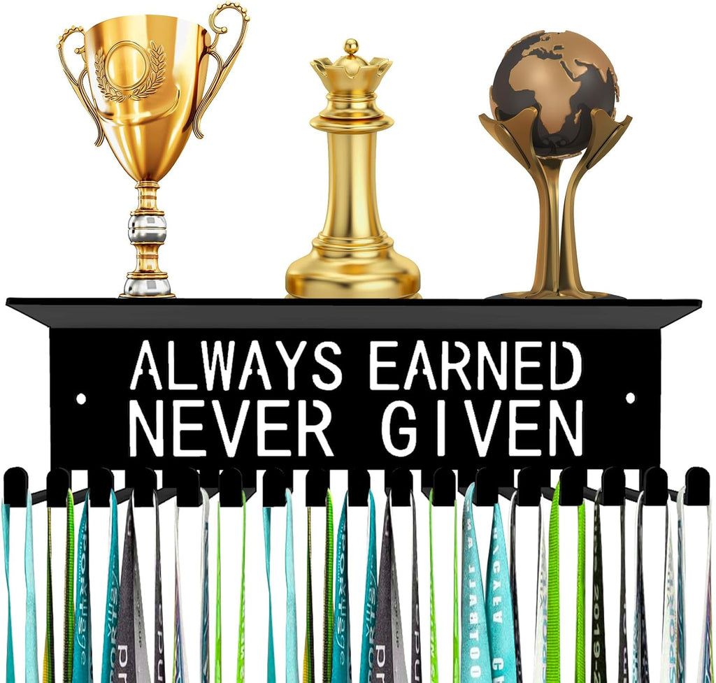 Awards Always Earned Never Given Medal Display Hanger Holder Bib Ribbon Rack Hooks Organizer Awards Ribbon Wall Mount