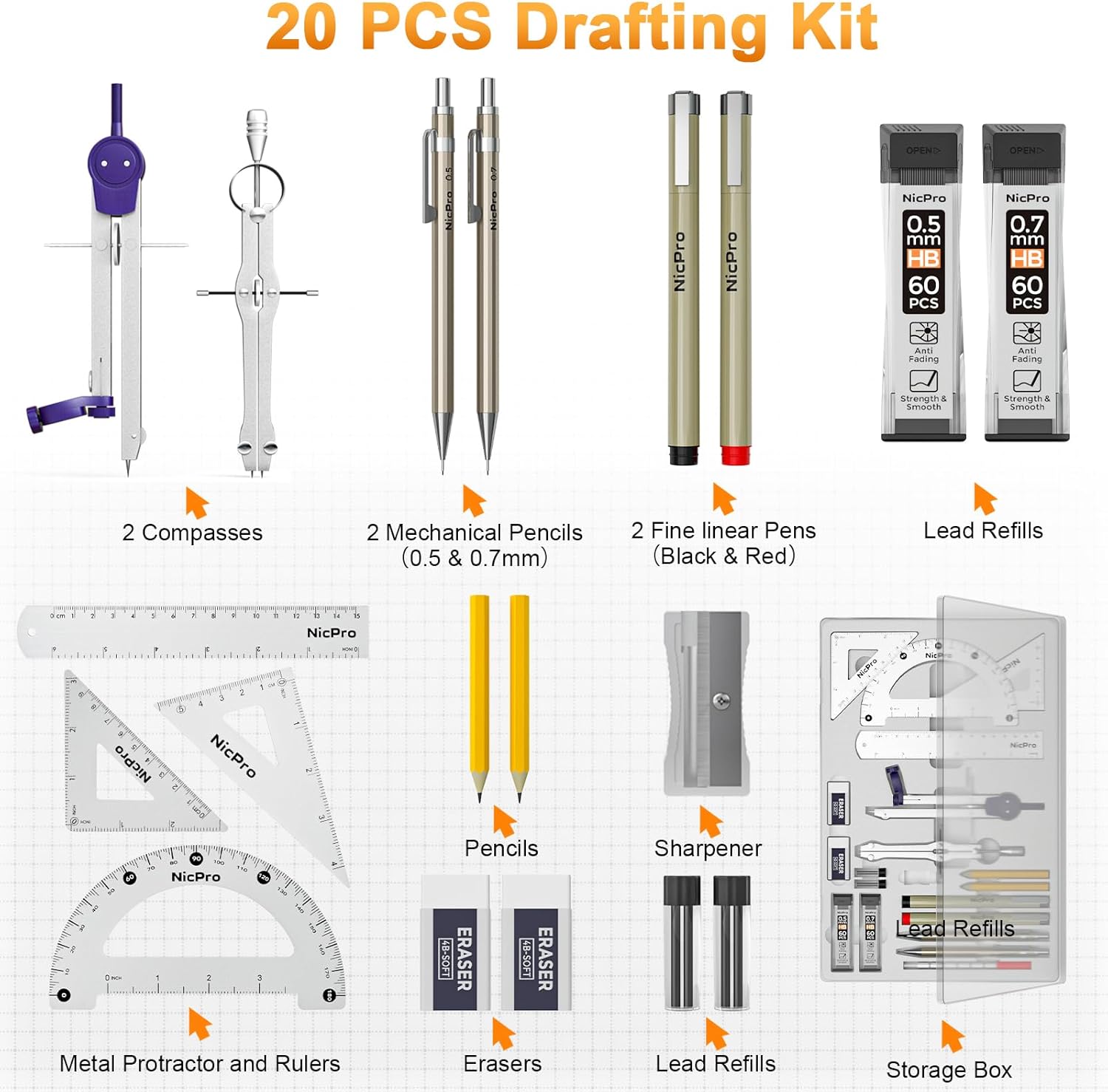 20PCS Professional Geometry Set Drafting Tool Protractor Compass | With Case, Metal Rulers, Triangles, Pens, Pencils