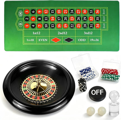 Casino Night Complete Game Set Include 16'' Green Roulette Wheel 35" X 16" Rubber Tabletop Layout Mat, 100 Chips