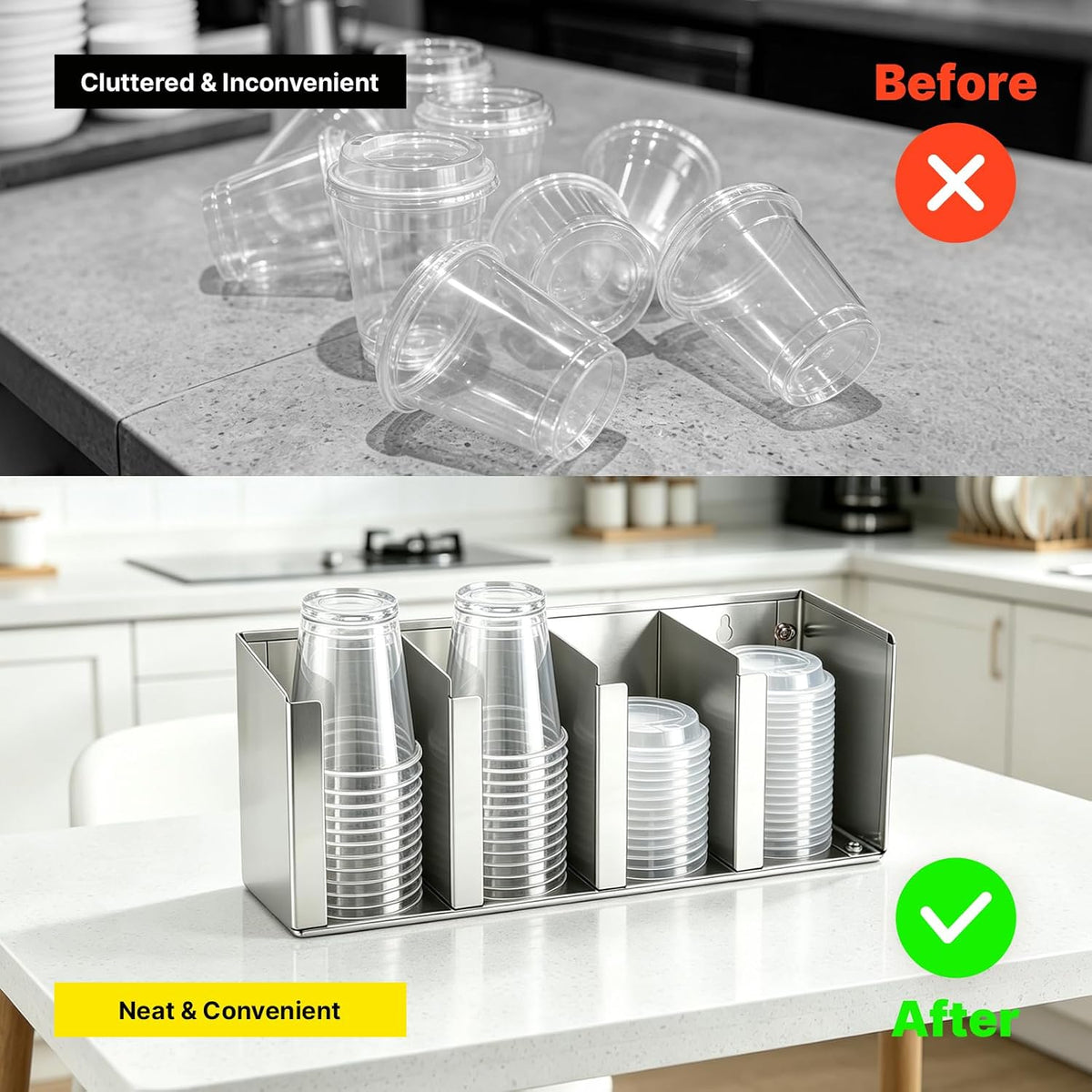 Stainless Steel Cup Dispenser, 4 Compartments Cup & Lid Holder