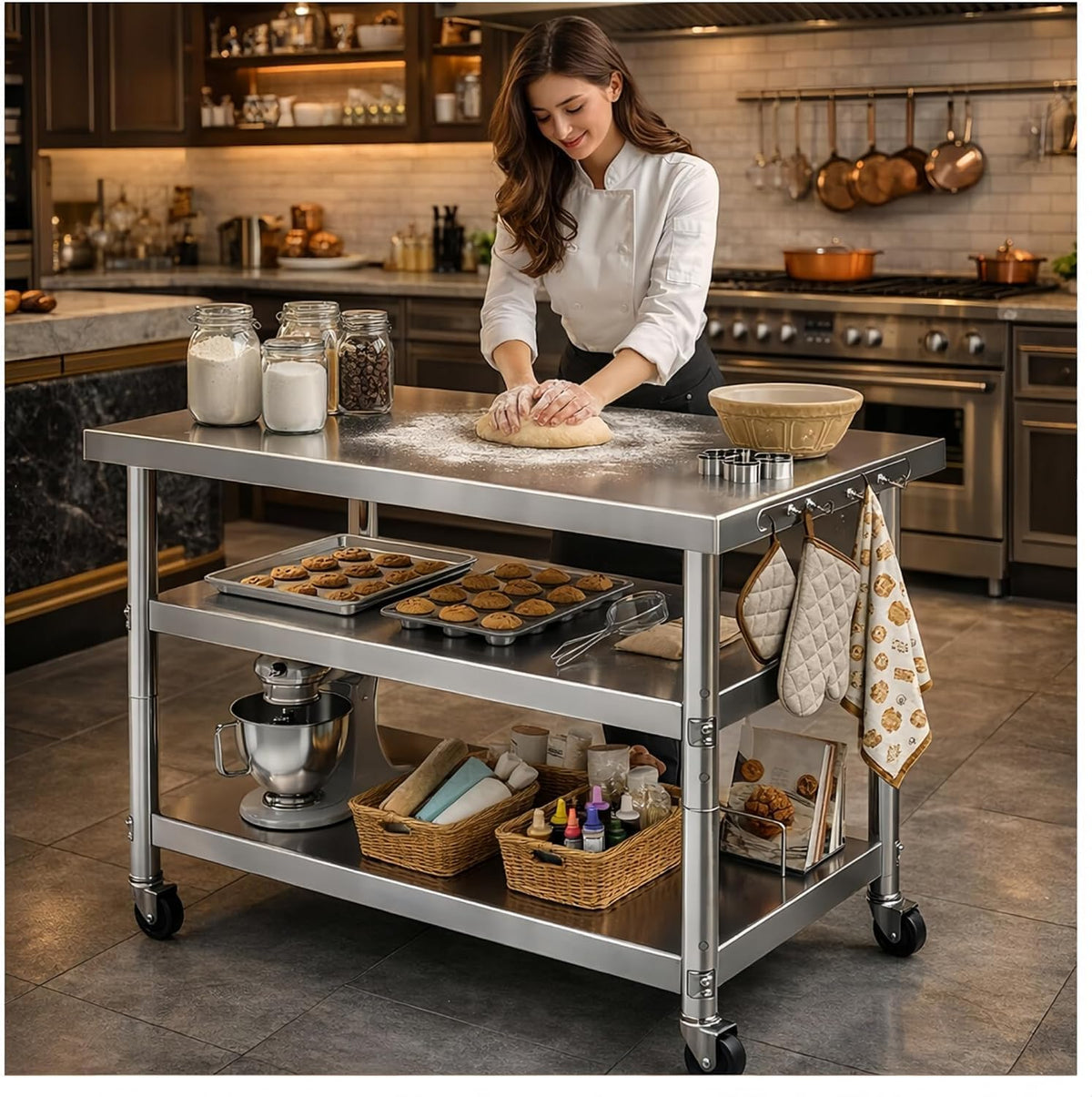 Stainless Steel Table with Wheels for Food Preparation and Work, Multi-Size Optional, Three-Layer Variable Two-Layer