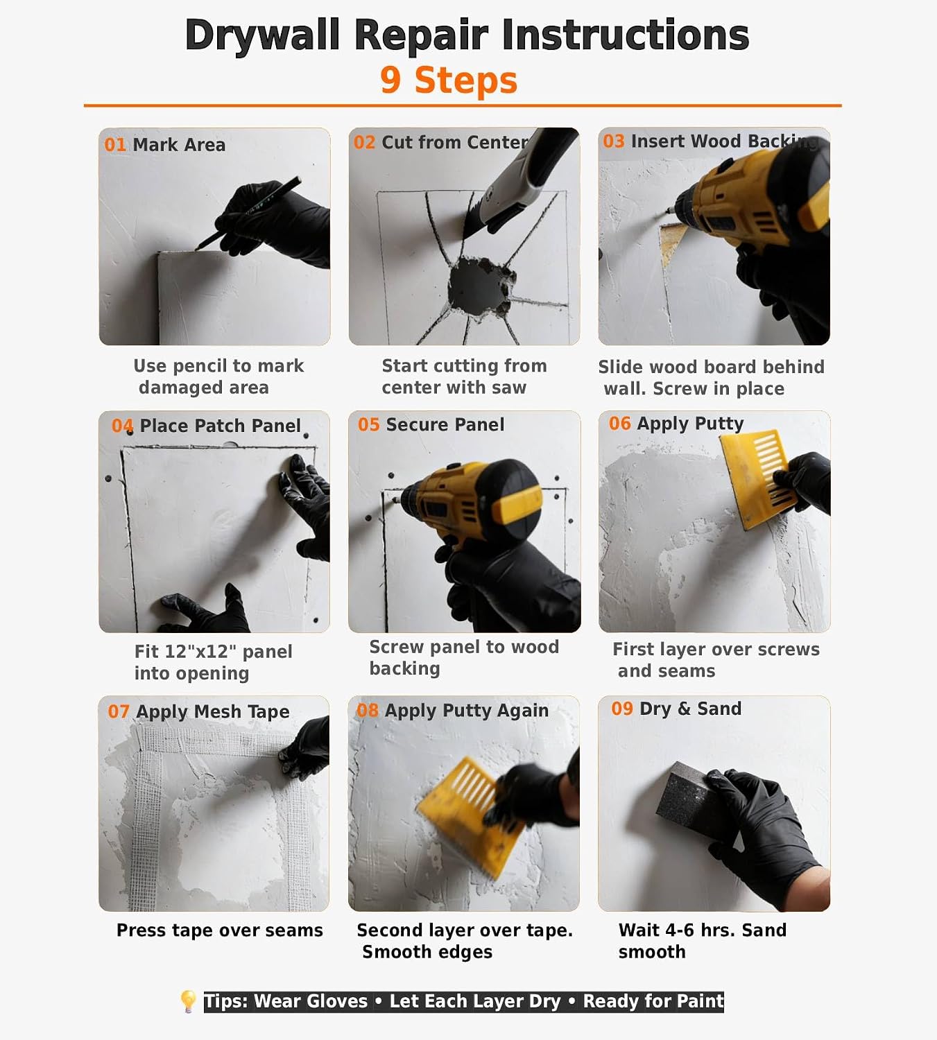 Drywall Repair Kit，34 Pcs 12x12inch Wall Patch Kit with Saw& Wood Boards | Drywall Patch Kit for Large