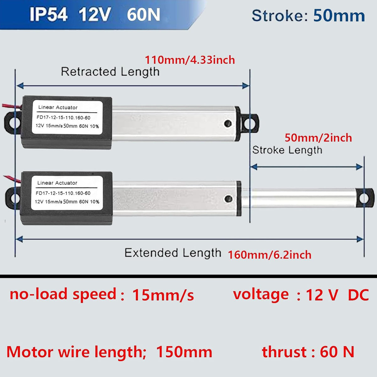 Mini Electric Linear Actuator 12V 2Inch 60N,0.6 "/s Motion Actuator(50mm)