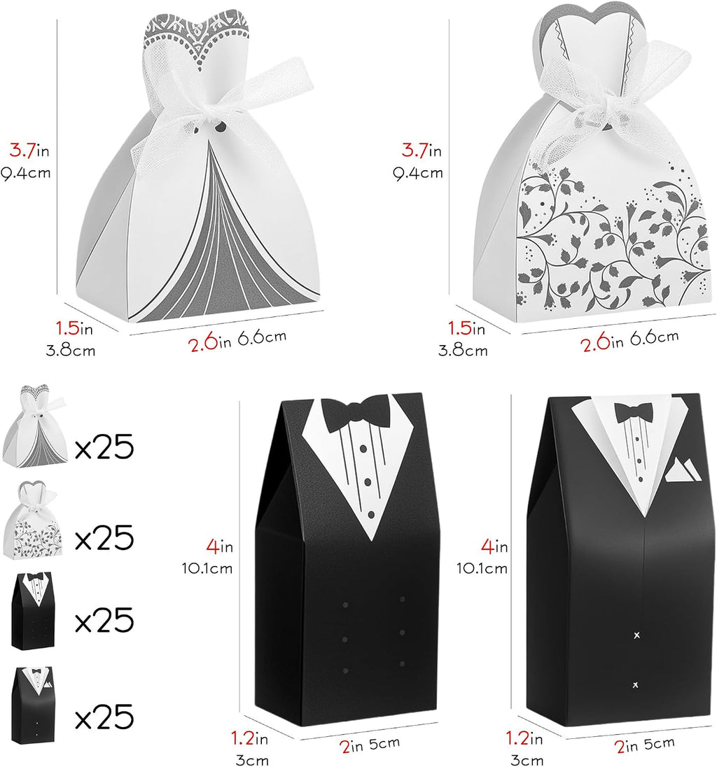 100 Pcs Wedding Candy Boxes, Tuxedo & Bride Favor Boxes, Creative Vintage Wedding Treat Bags with Ribbon for Bridal
