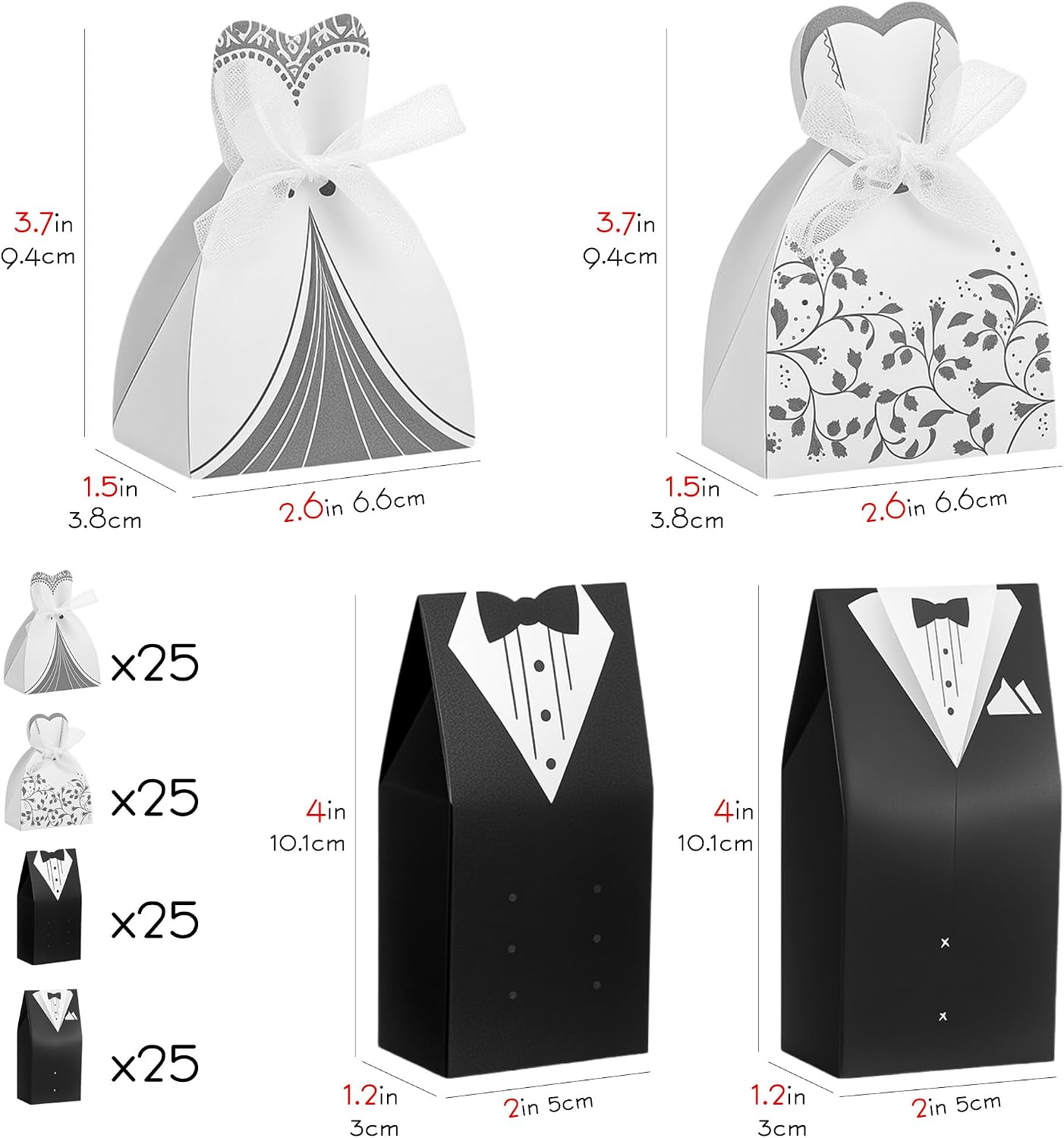 100 Pcs Wedding Candy Boxes, Tuxedo & Bride Favor Boxes, Creative Vintage Wedding Treat Bags with Ribbon for Bridal