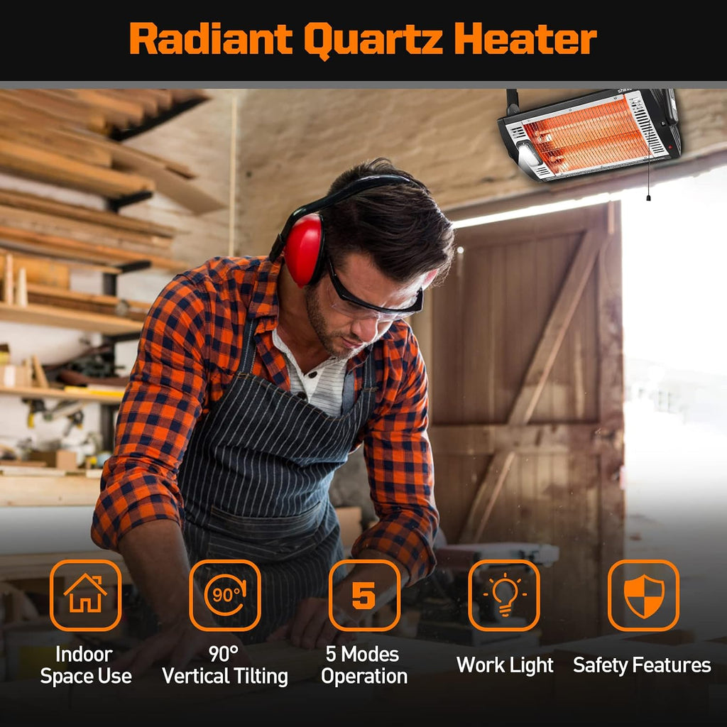 2 Packs Electric Garage Heaters, 1500W/750W Ceiling Mounted Heater Radiant Heaters with Halogen Light, 90 Degree