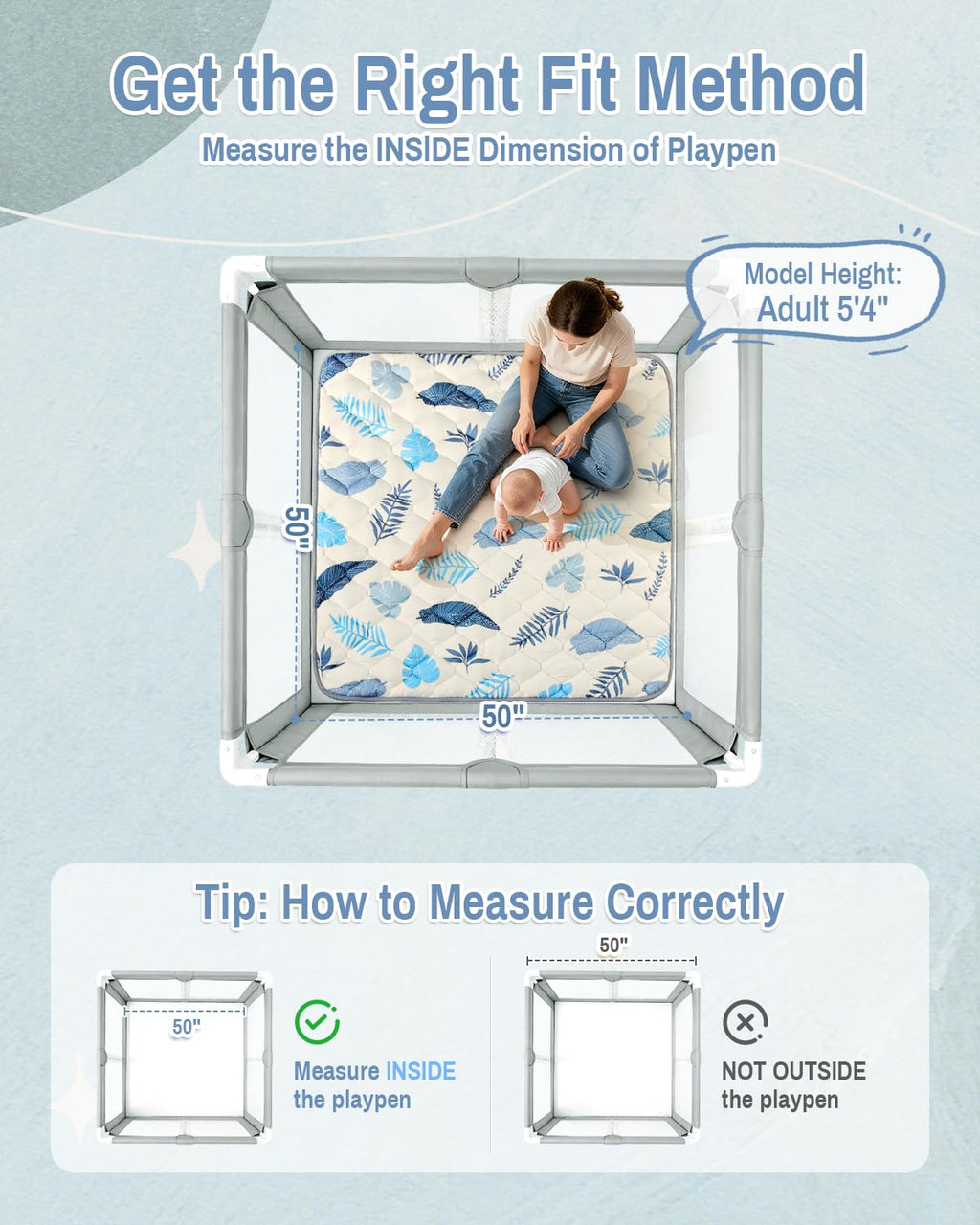 Baby Play Mat, 50x50 Thickened Playpen Mat, Non-Slip Baby Mat for Floor, Foldable Portable Playmat Suitable for