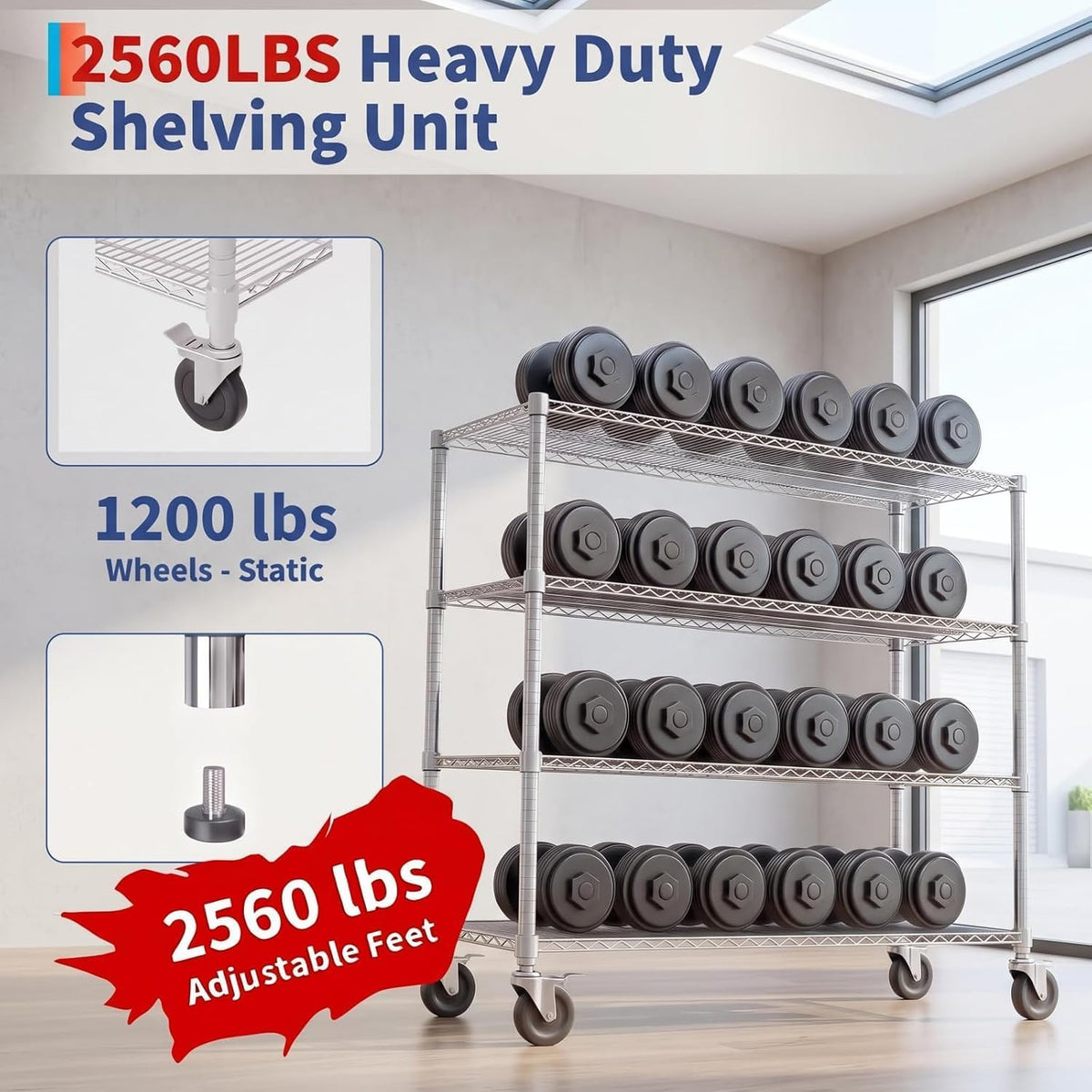 NSF Adjustable Lockable Wire Shelving Rack with Wheels, 4-Tier, 47" W