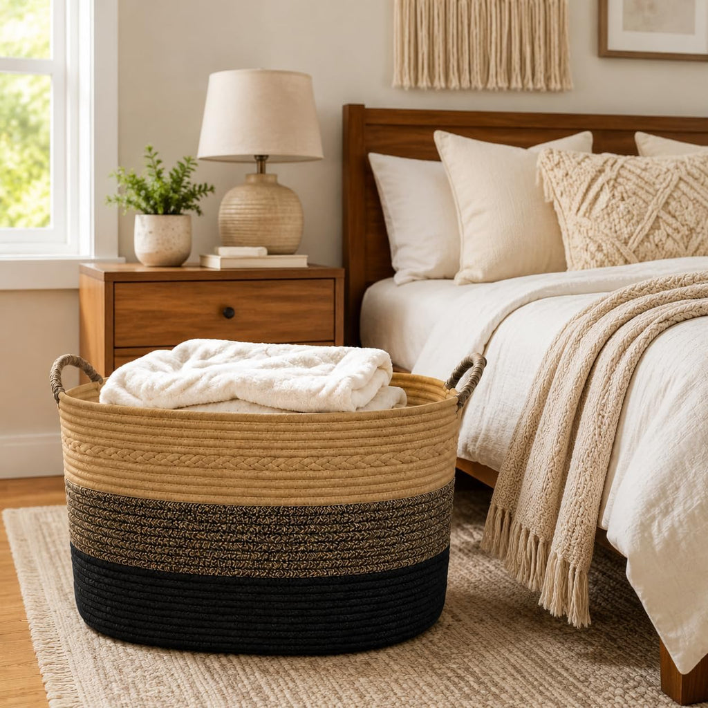 Large Laundry Hamper Basket, 100L Cotton Rope Woven Storage Bin for Blankets, Dirty Clothes Toys, Decorative Tall