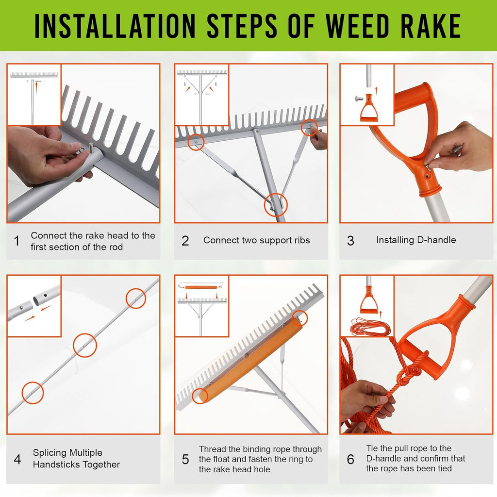 Floating Weed Lake Rake, 36 Inch Widths Pond Rake Aquatic Weed Rake, 133 Inch Extensible Multifunctional Folding
