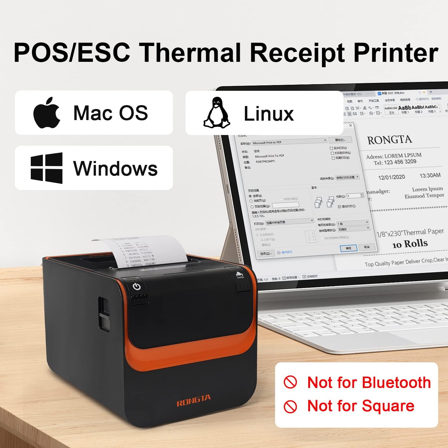 POS Printer, 80mm Direct Thermal Receipt Printers with Auto Cutter, USB Serial Ethernet Interface, Support