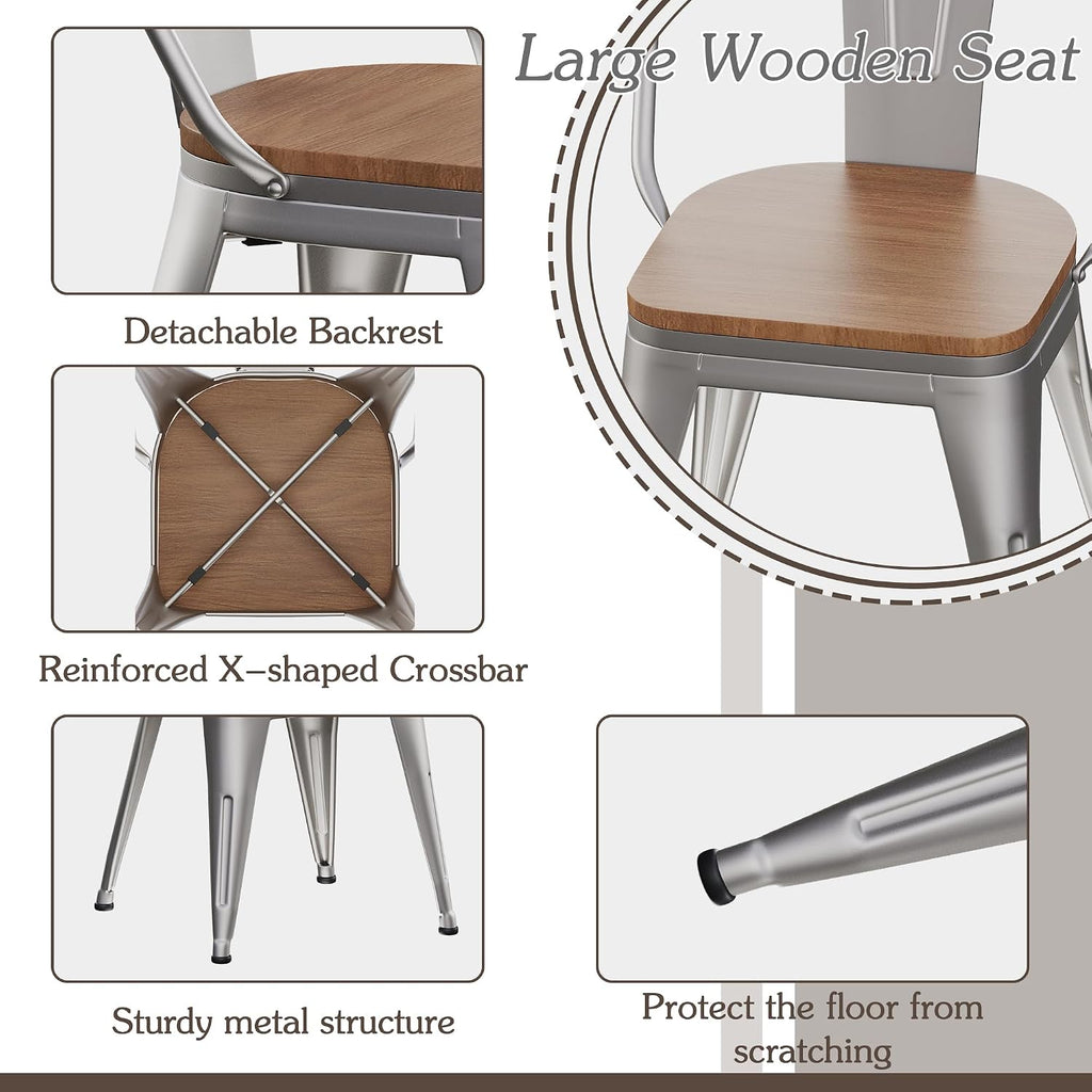 18inch Dining Chair Set of 4, Chic Iron Farmhouse Chairs Side Stools-Silver