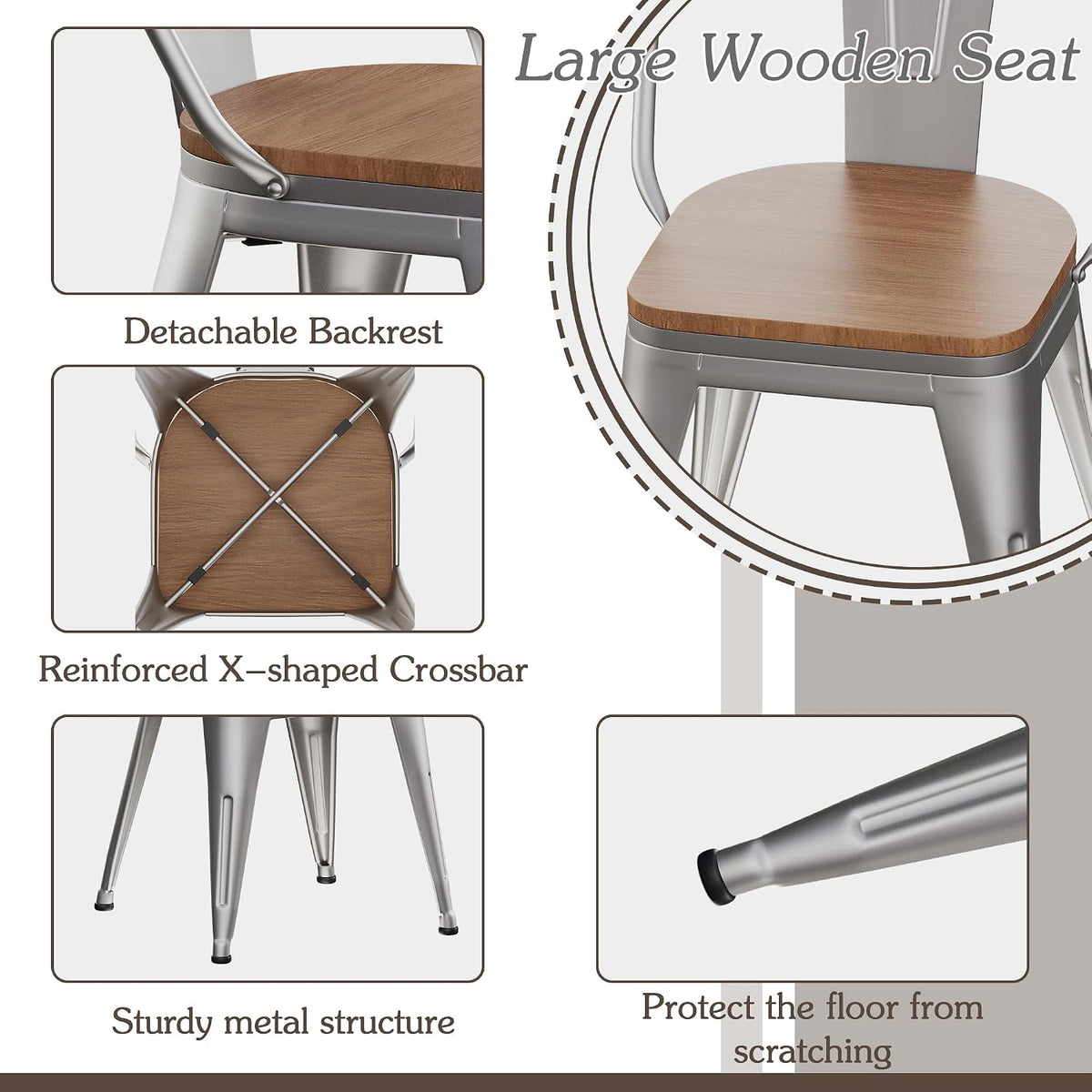 18inch Dining Chair Set of 4, Chic Iron Farmhouse Chairs Side Stools-Silver