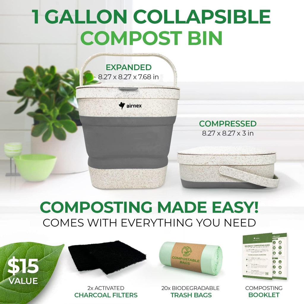 Collapsible Compost Bin Kitchen Counter Caddy - 1 Gallon Countertop Compost Bin with Lid Made of Wheat Straw