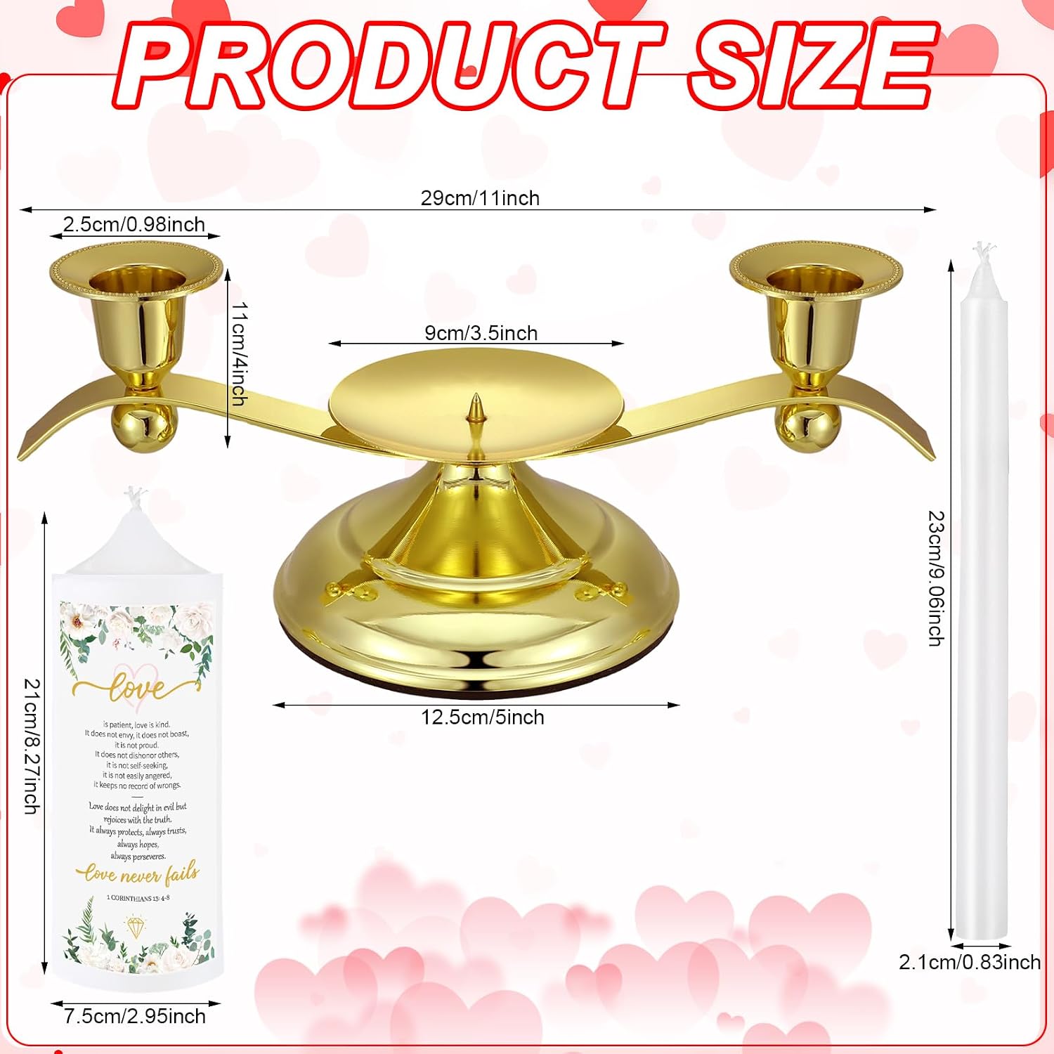 3 Unity Candles for Wedding Ceremony with Golden Stands White