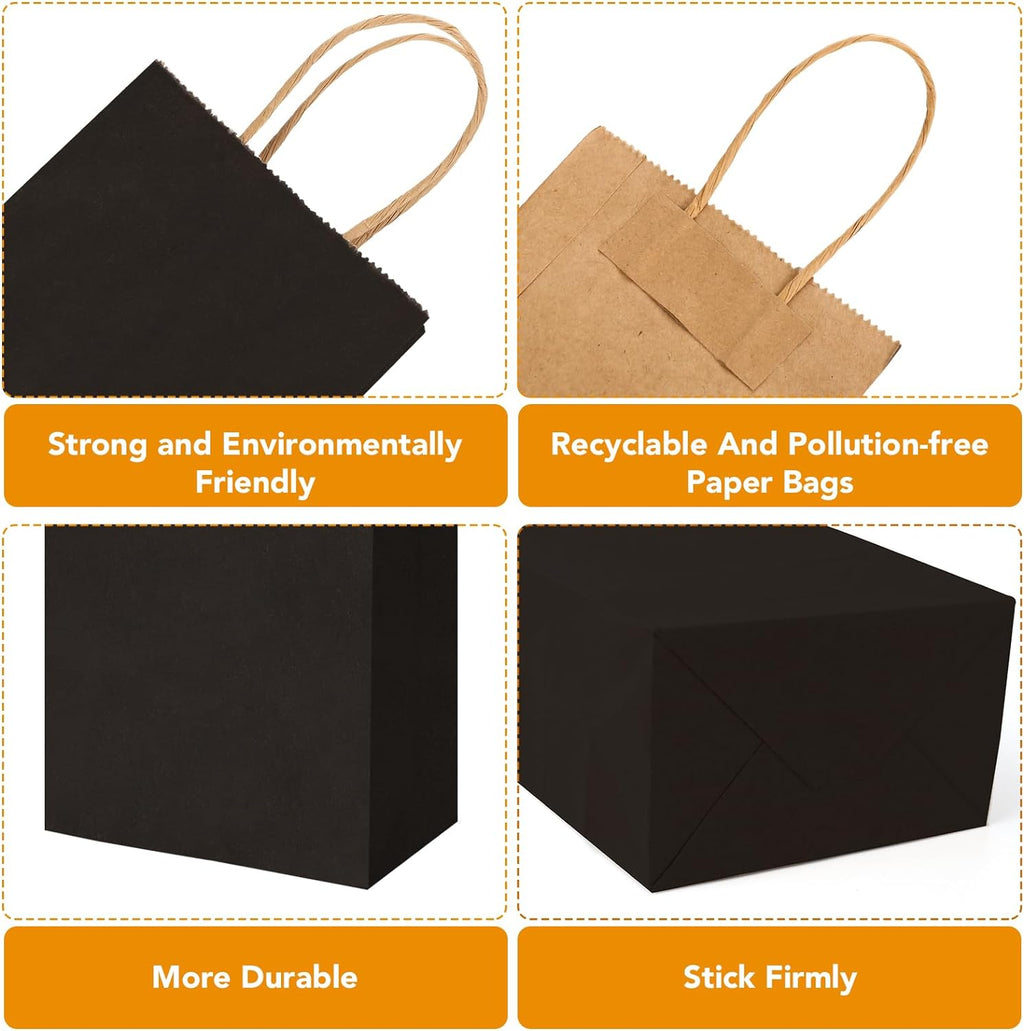Black Paper Bags with Handles, 100Pcs 5.25x3.25x8.25'' Kraft Bags