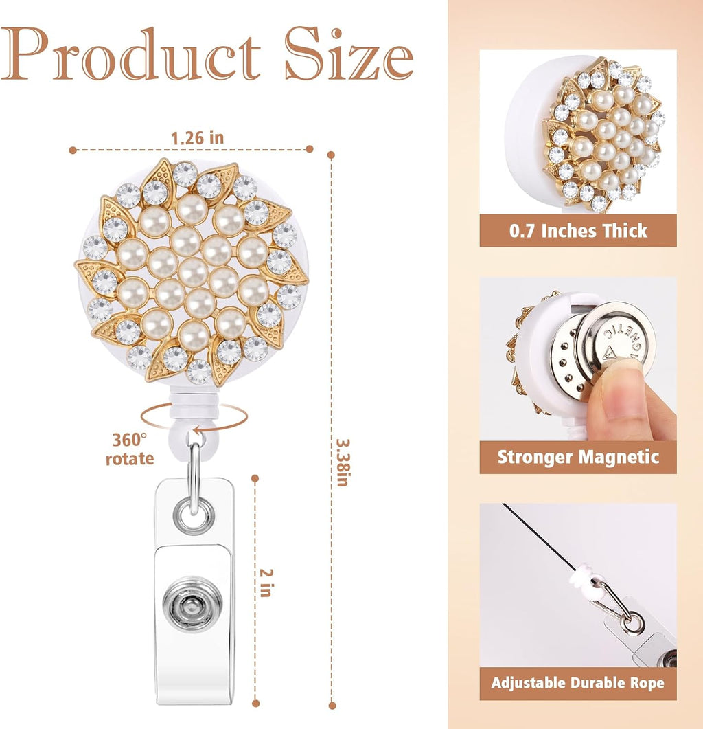 Flower Magnetic Badge Holder Retractable Badge Reel Diameter 1.26" Pearl Gold Flower Magnetic ID Badge Clip Magnet
