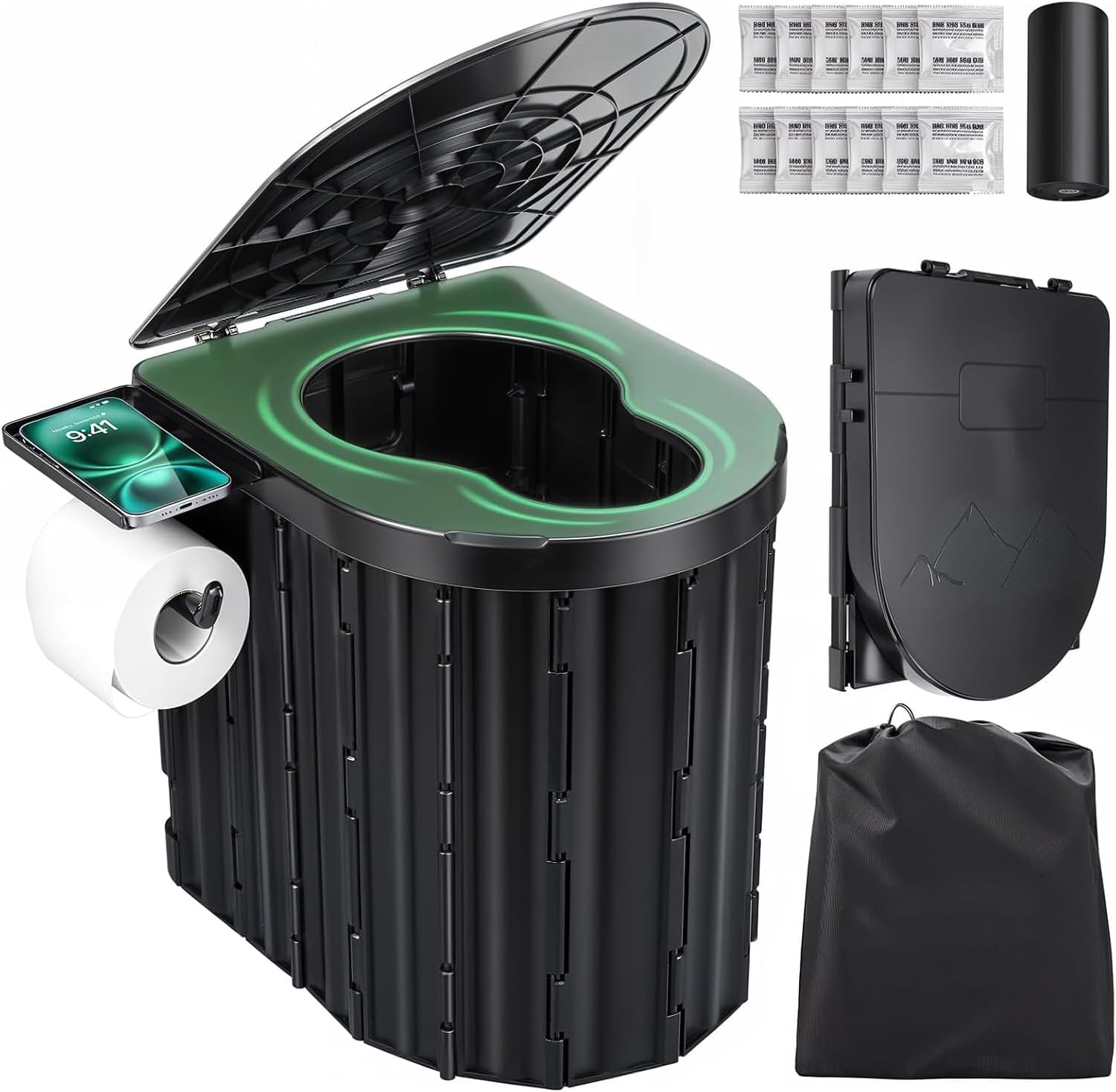 Camping Toilet, Portable Toilet for Adults, Portable Travel Folding Toilet with Lid and Paper Holder, Compact Potty