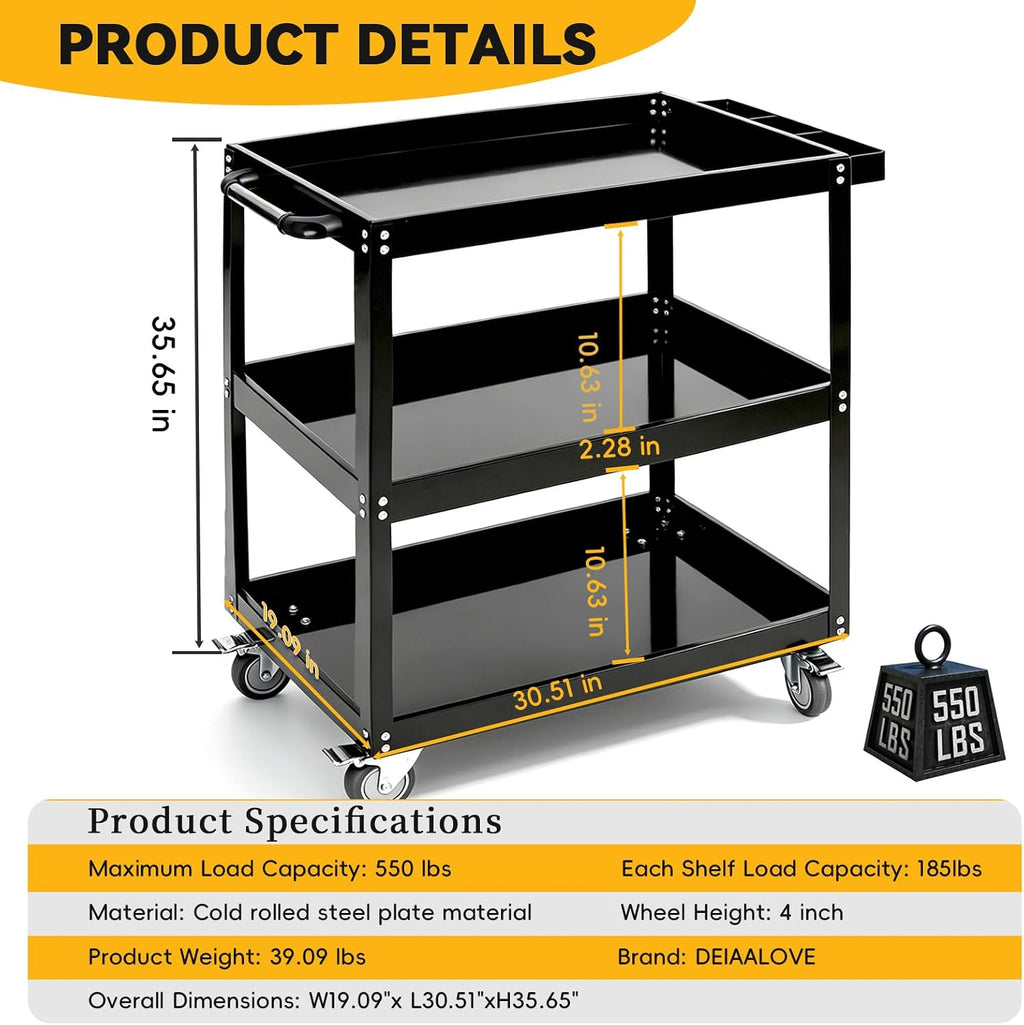 3-Tier Large Heavy-Duty Rolling Tool Cart, 550LBS Utility Carts with Swivel Wheels, Thickened Steel Frame Service