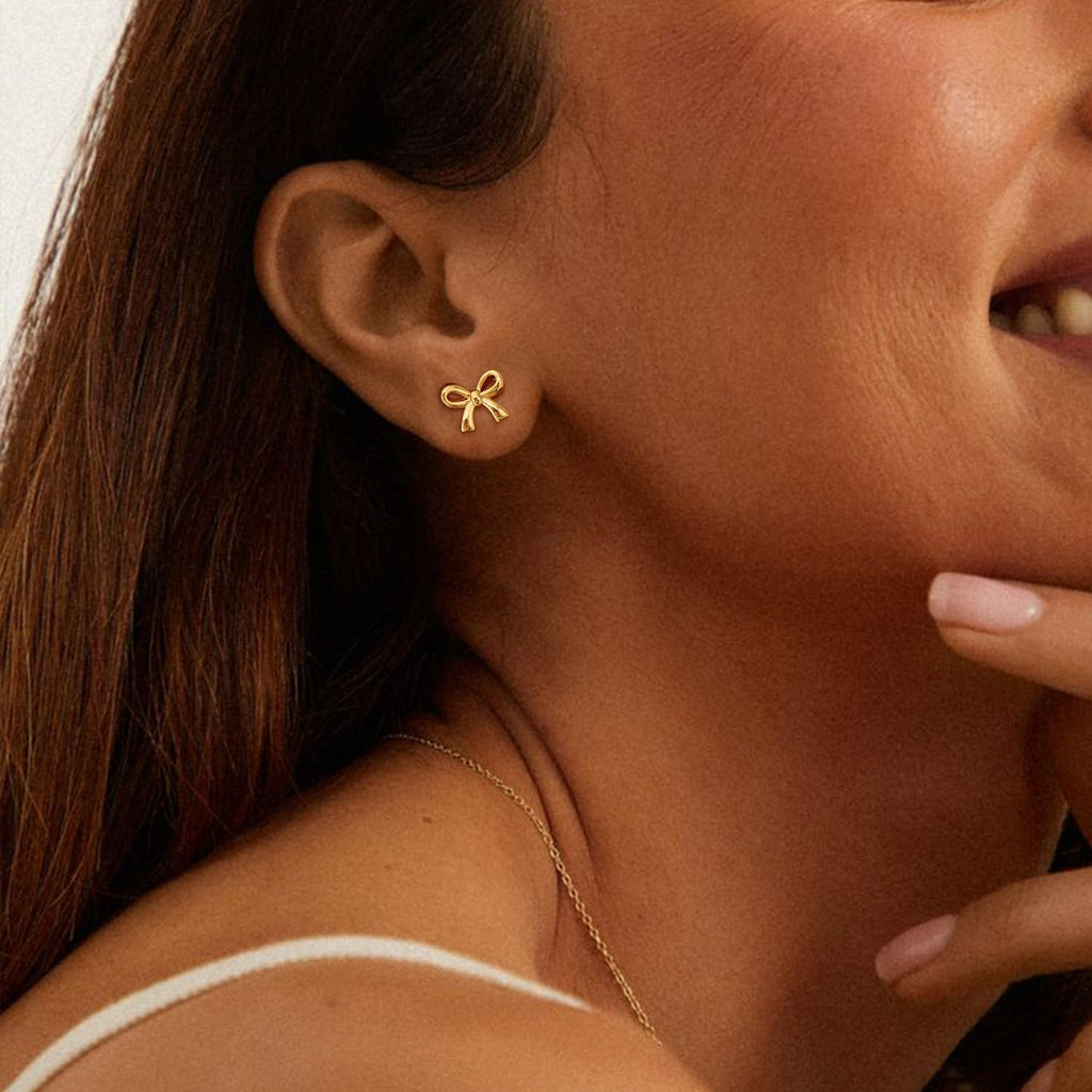 Gold Earrings for Women, 14k Gold Plated Bow Ribbon Earrings Hypoallergenic Non-Tarnish Dainty Cute Stud Tragus