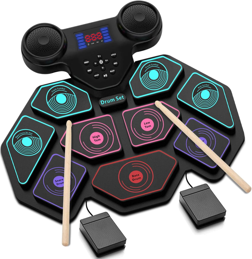Electronic Drum Set - YUOIOYU Electric Drum Set Roll Up Portable Drum Kit MIDI Practice Drum Pad with Dual Built-in