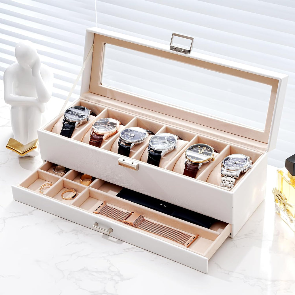 Watch Box, 6 Slot Watch Display Case with Drawer -White | Mens Watches Case with Glass Lid, 2-Layer Mens Jewelry