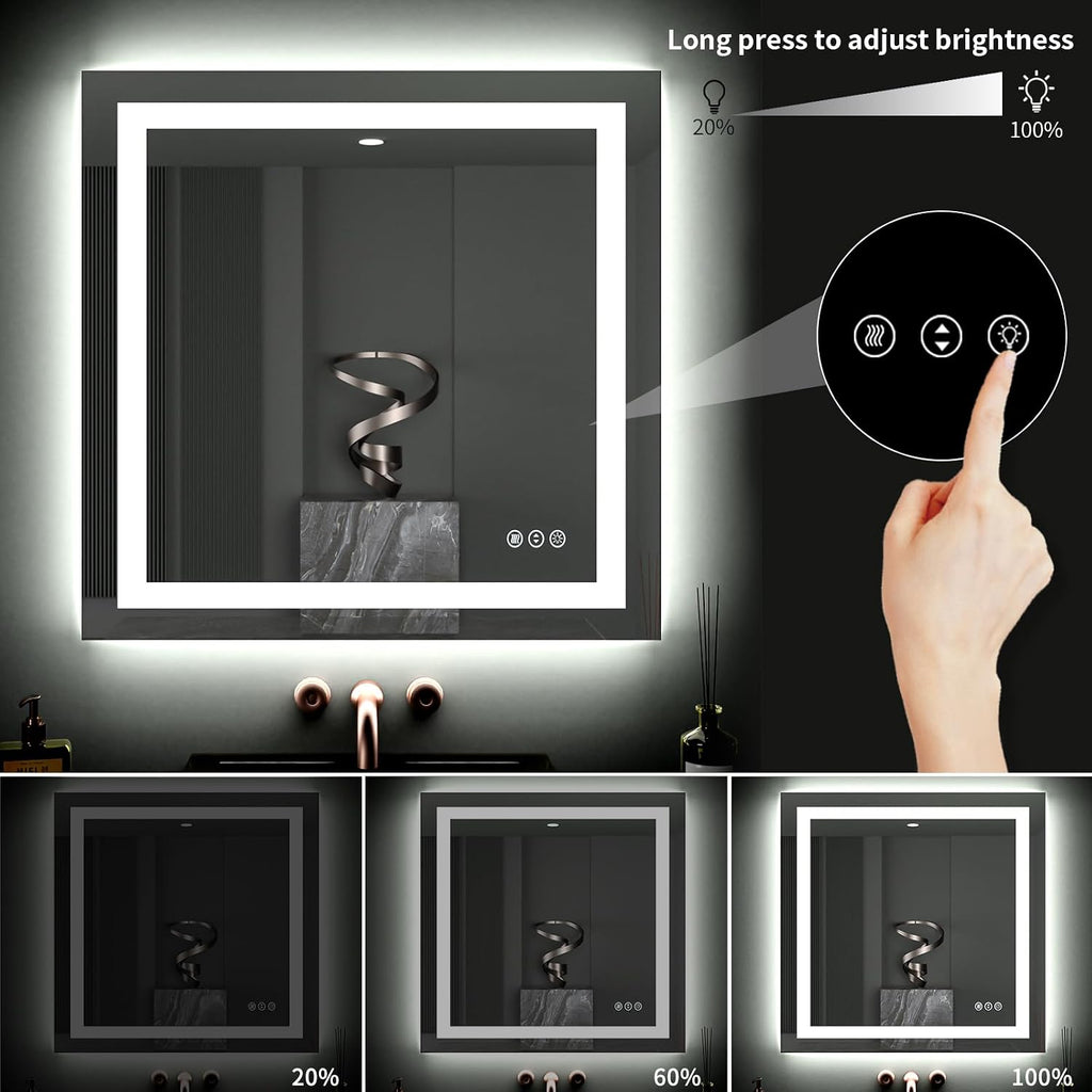 40"X38" LED Bathroom Mirror with Lights | Anti-Fog, Dimmable, 3 Color Temperature, Backlit + Front Lit, Memory