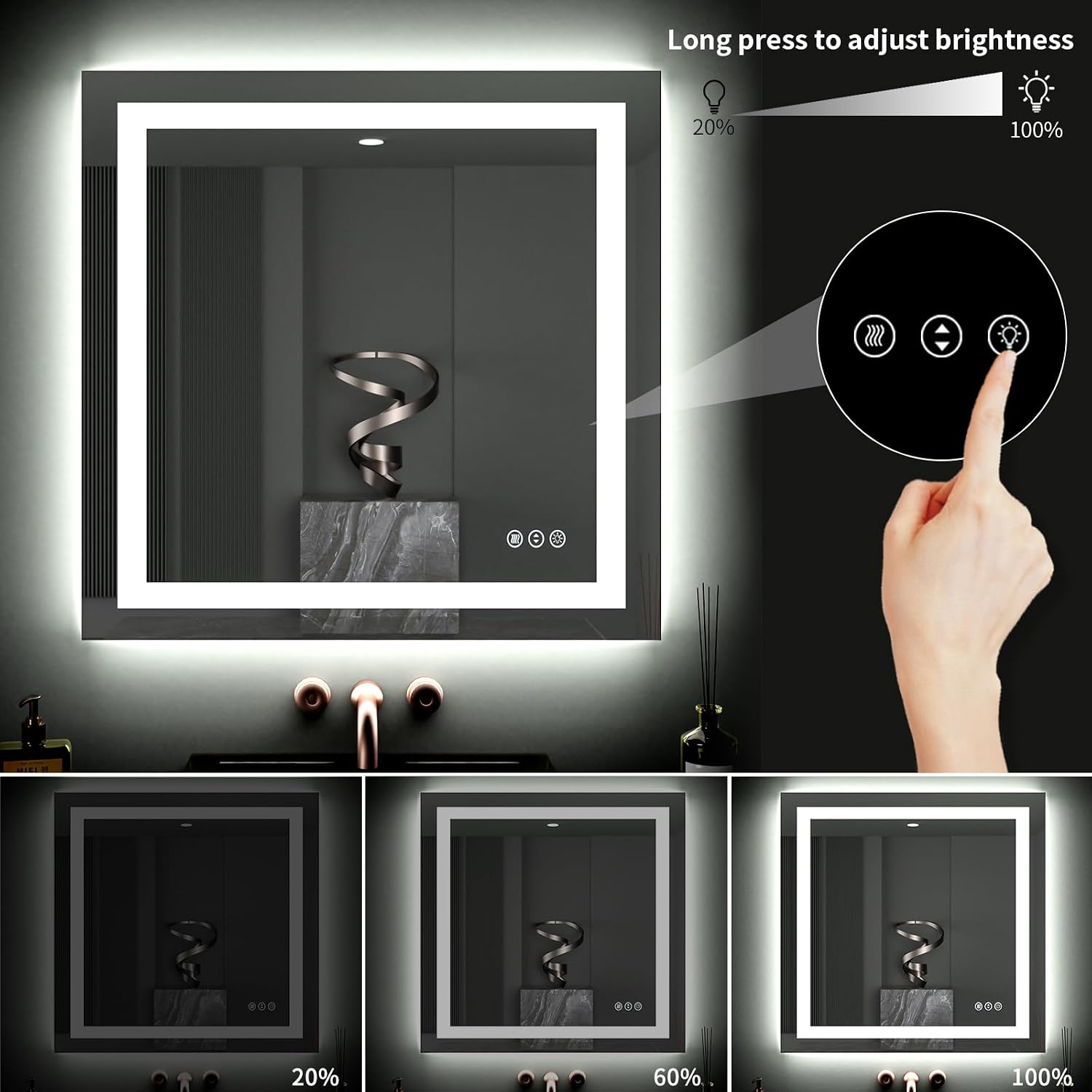 40"X38" LED Bathroom Mirror with Lights | Anti-Fog, Dimmable, 3 Color Temperature, Backlit + Front Lit, Memory