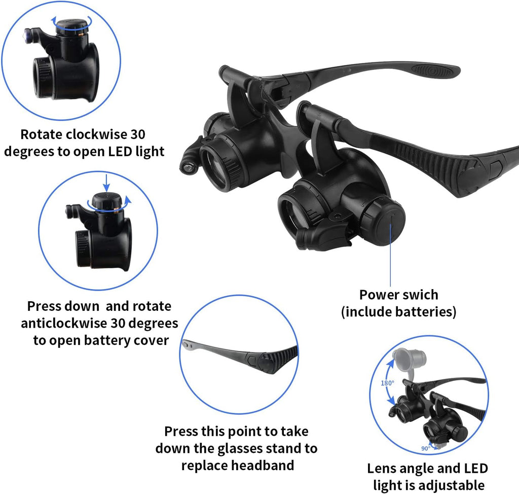 Watch Repair Magnifier Loupe Jeweler Magnifying Glasses Tool Set with LED Light with 8 Interchangeable Lens-2.5X 4X
