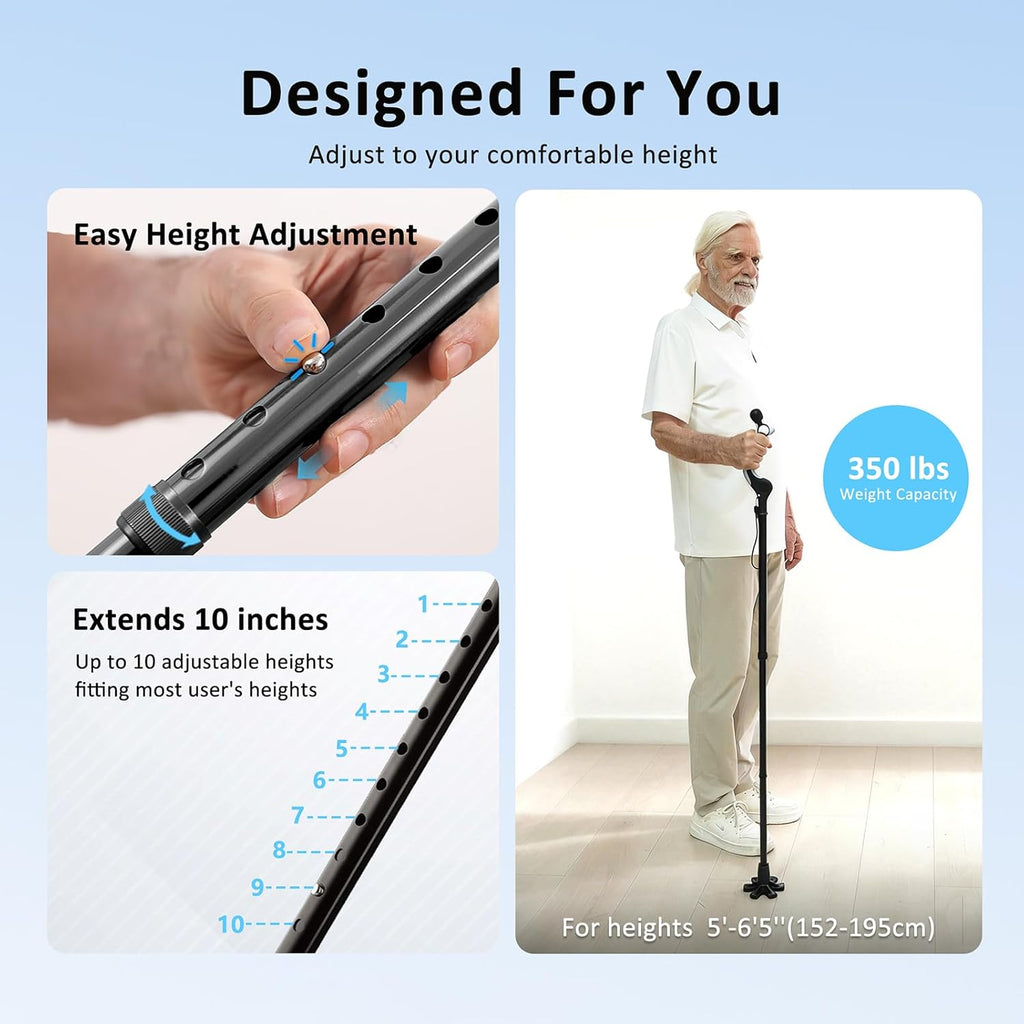 Adjustable Walking Cane for Seniors Adults - Ergonomic Anti-Slip Grip, 10 Height Settings (40"-49"), 350lbs Weight