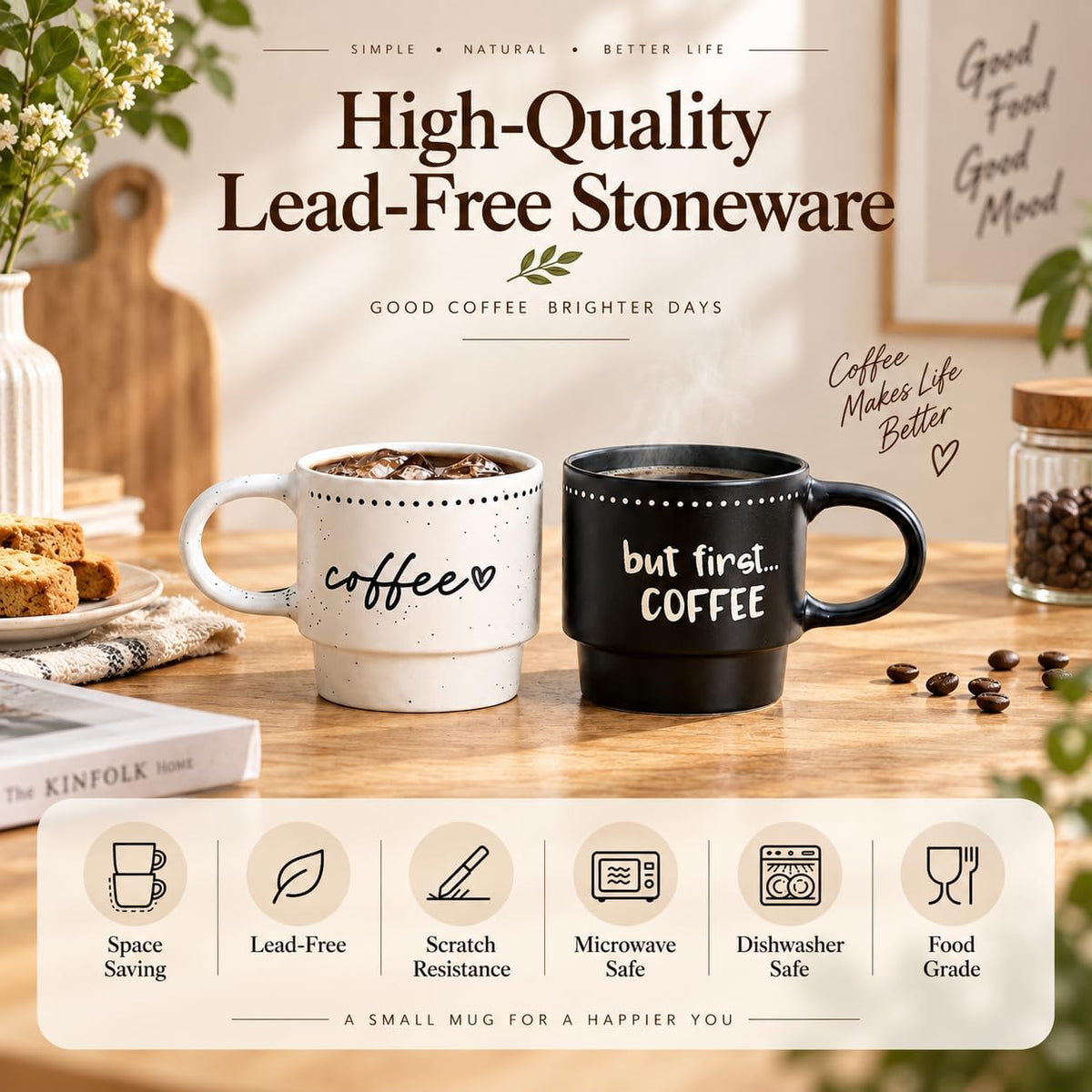Ceramic Coffee Mugs, Coffee Mug Set of 4, 10oz Stackable Coffee Cups Set
