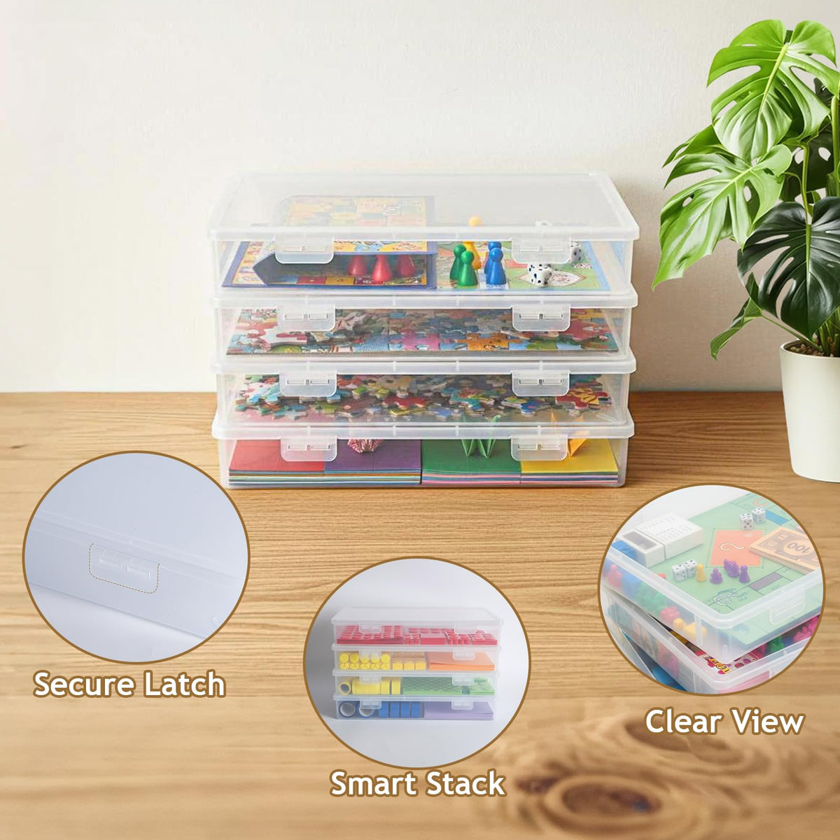 Board Game Storage, 3 Pack Stackable Board Game Storage Containers with Snap Tight Latch Lid, Portable Plastic Case